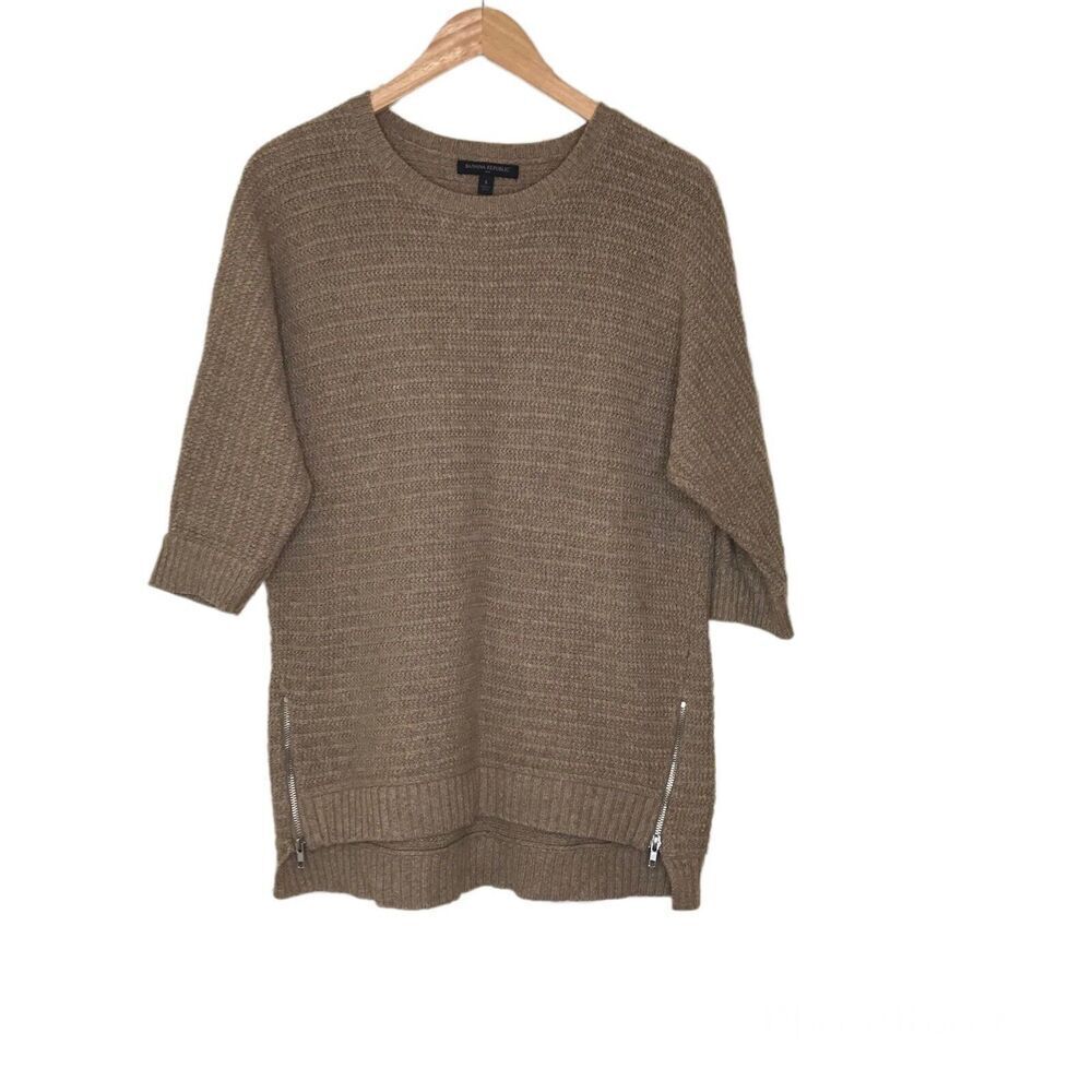 Banana Republic Womens Size S Pullover Sweater Brown Zippers Hi Lo Wool Blend